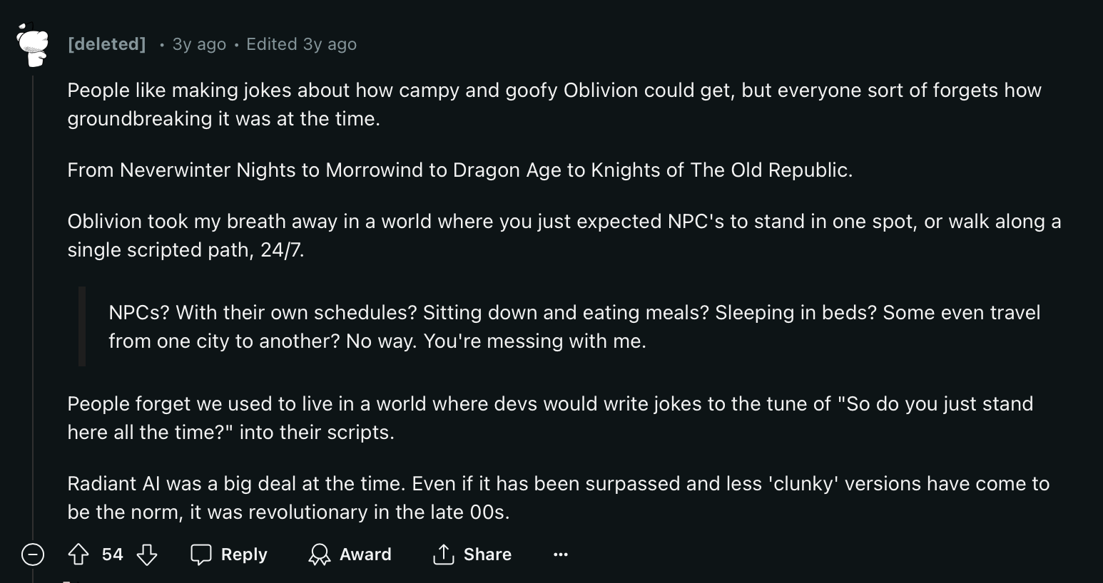 Comment on Reddit about Radiant AI